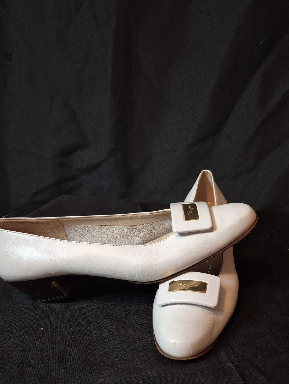 Salvatore Ferragamo White Leather Low Block Heel Loafers with Logo Plaque